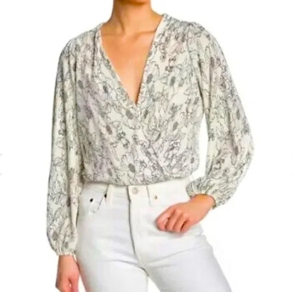 Astr Plisse Plunge V-Neck Floral Wrap Top with Long Balloon Sleeves in White